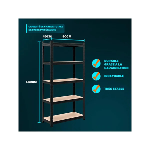 Lot de 10 étagères professionnel noire Charge lourde 875 kg Rayonnage métallique Etagère métallique industrielle