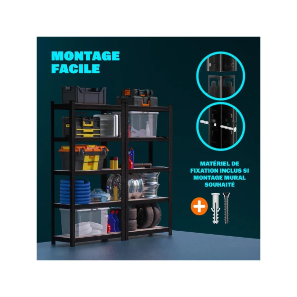 Lot de 10 étagères professionnel noire Charge lourde 875 kg Rayonnage métallique Etagère métallique industrielle