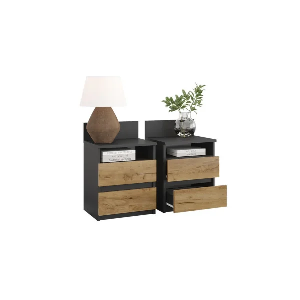 (Lot de 2) Table de chevet anthracite et chêne 2 tiroirs Table de nuit en bois Chevet de lit moderne
