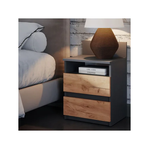 (Lot de 2) Table de chevet anthracite et chêne 2 tiroirs Table de nuit en bois Chevet de lit moderne
