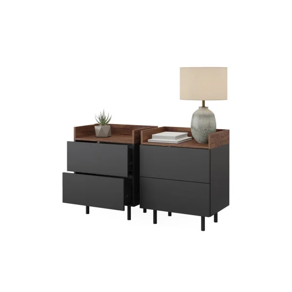 (Lot de 2) Table de chevet Anthracite et Noyer 2 tiroirs Table de nuit en bois Chevet de lit moderne