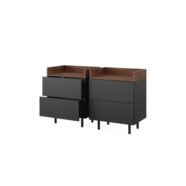 (Lot de 2) Table de chevet Anthracite et Noyer 2 tiroirs Table de nuit en bois Chevet de lit moderne