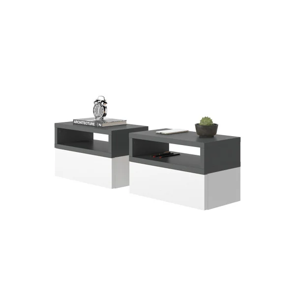 (Lot de 2) Table de chevet design blanche et anthracite Table de nuit moderne 1 tiroir