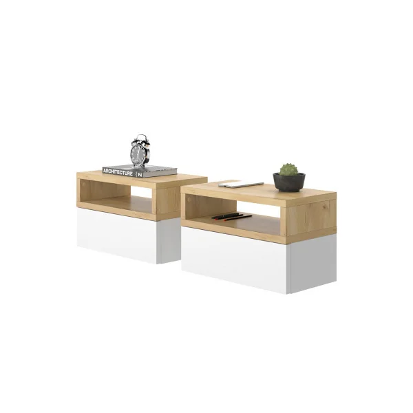 (Lot de 2) Table de chevet design blanche et chêne Table de nuit moderne 1 tiroir