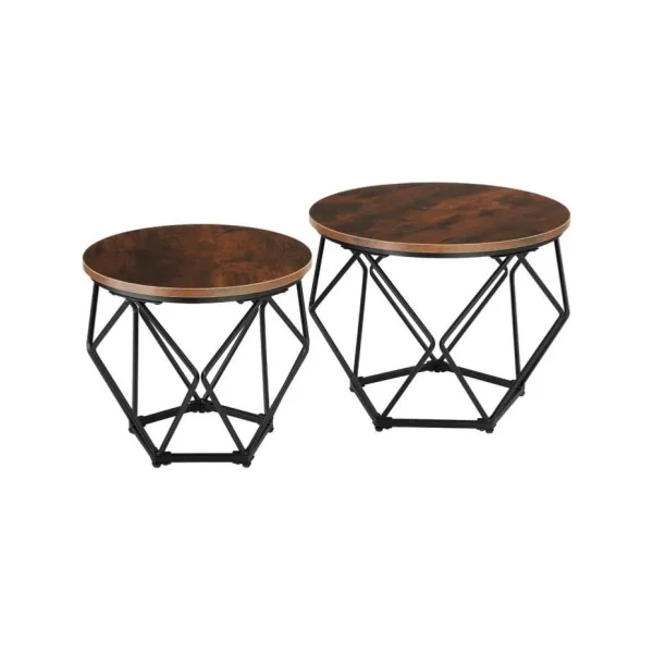 Lot de 2 tables basses industrielles ronde cadre en acier table salon brun rustique et métal