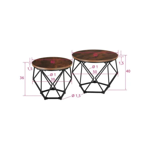 Lot de 2 tables basses industrielles ronde cadre en acier table salon brun rustique et métal