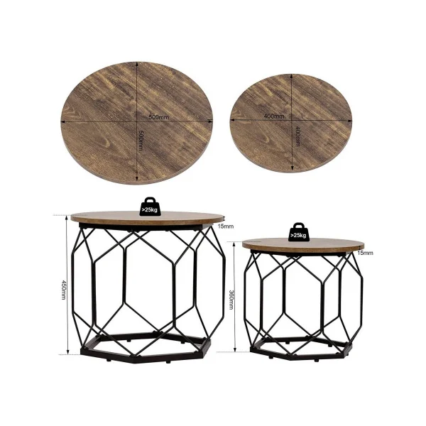 Lot de 2 tables basses industrielles ronde Cadre en acier Table salon vintage et métal