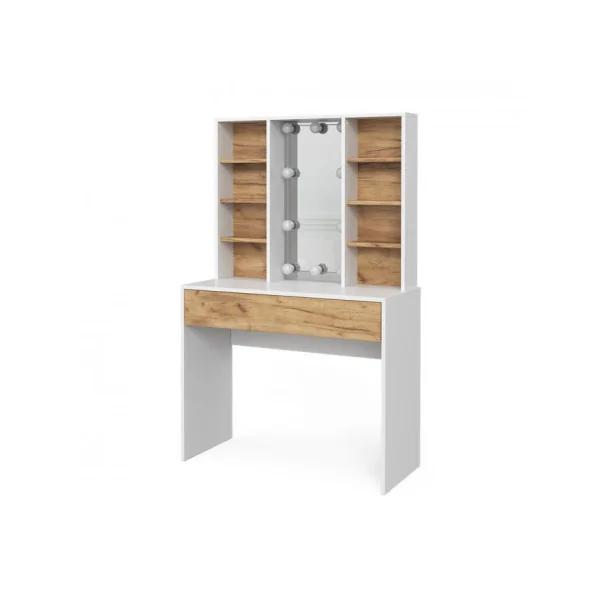 Maquillage Coiffeuse Moderne Blanche et Chêne 1 Tiroir avec Miroir et LED