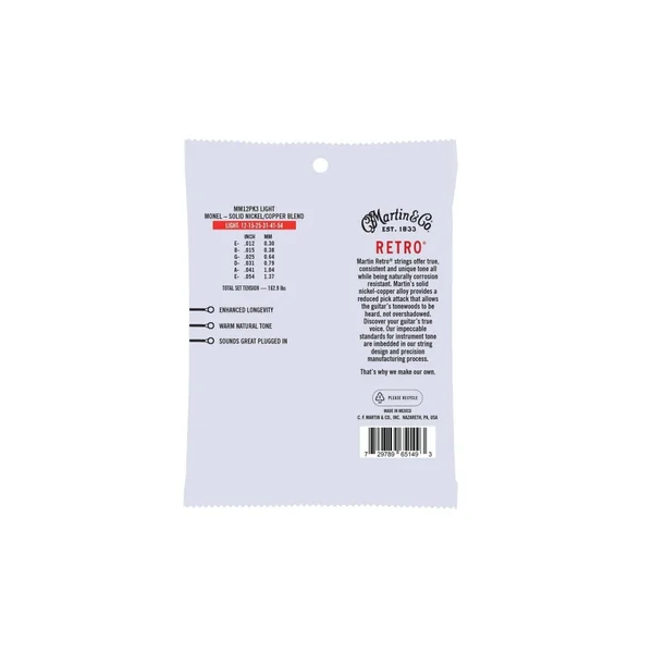Martin MM12PK3 pack 3 jeux Retro Acoustic cordes acoustiques monel light 12/54