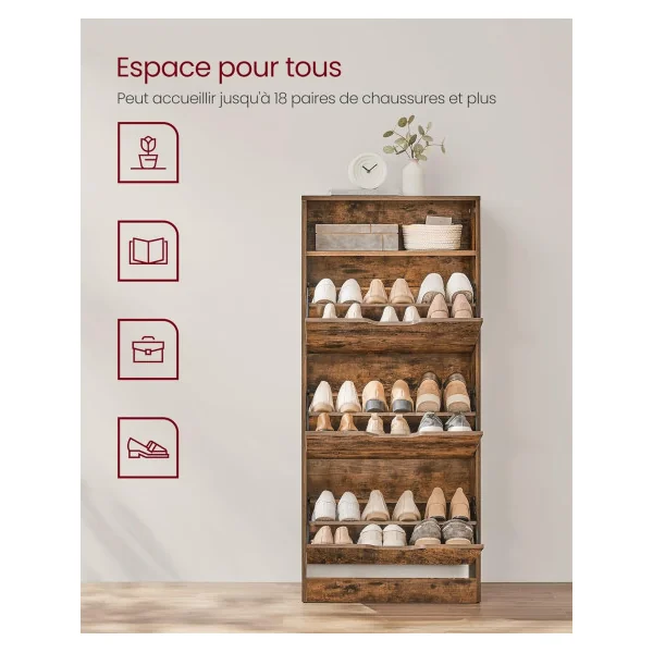 Meuble Chaussures 3 Porte Battantes Brun Rustique Rangement Chaussures 3 abattants