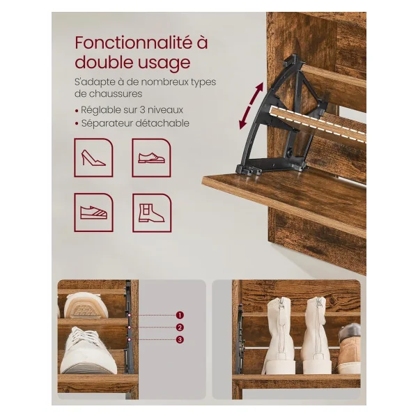 Meuble Chaussures 3 Porte Battantes Brun Rustique Rangement Chaussures 3 abattants