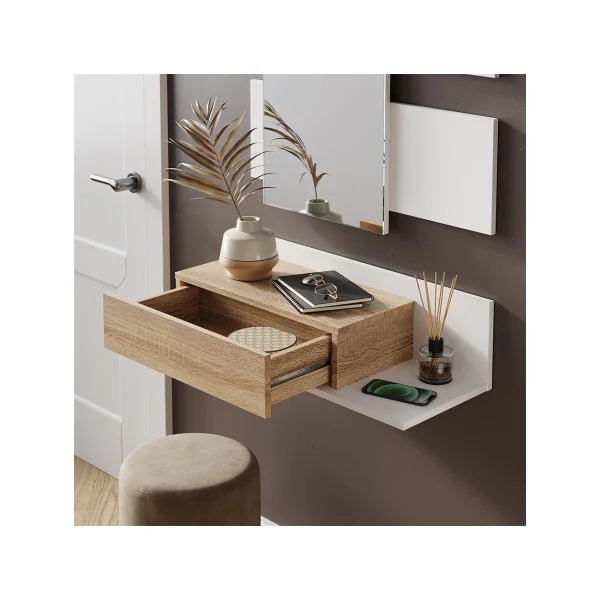 Meuble d'entrée blanc et chêne avec tiroir Meuble entrée avec miroir
