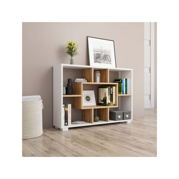 Meuble Etagère Rangement Livre Séparateur de Pièce bibliothèque blanc et chêne 7 compartiments