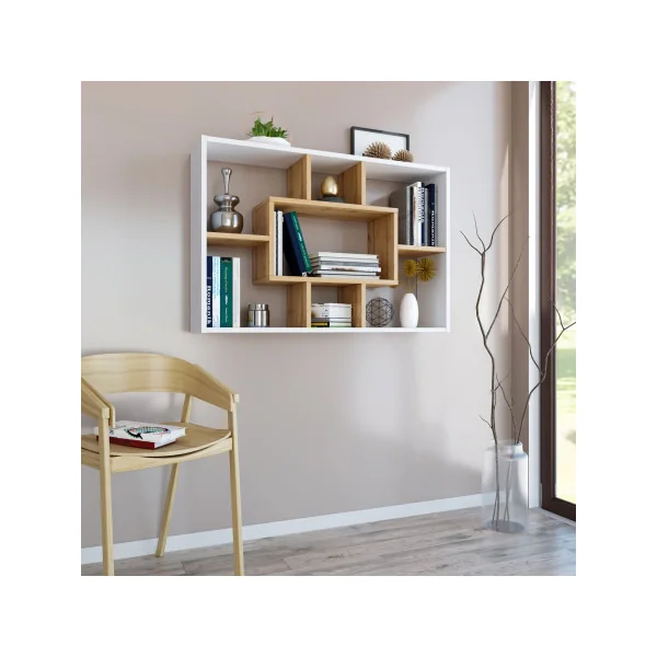 Meuble Etagère Rangement Livre Séparateur de Pièce bibliothèque blanc et chêne 7 compartiments