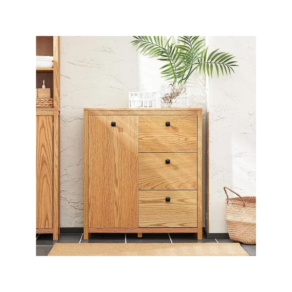 Meuble salle de bain bois naturel avec panier à linge intégré gris Armoire basse salle de bain linge sale