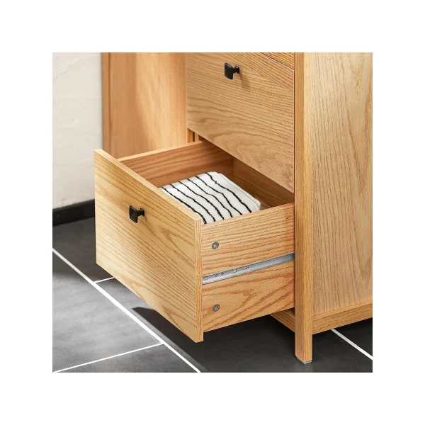 Meuble salle de bain bois naturel avec panier à linge intégré gris Armoire basse salle de bain linge sale