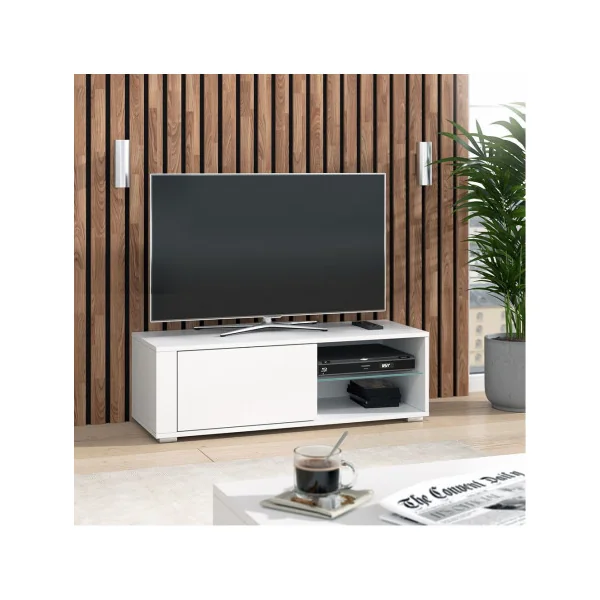 Meuble TV 100 cm blanc avec étagère verre Meuble TV salon Meuble téléviseur Meuble télé tendance