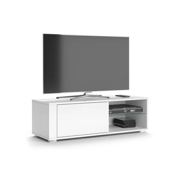 Meuble TV 100 cm blanc avec étagère verre Meuble TV salon Meuble téléviseur Meuble télé tendance