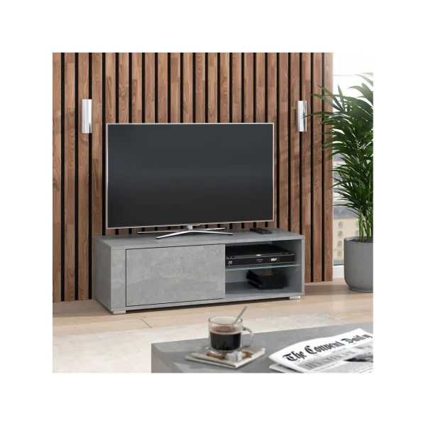 Meuble TV 100 cm béton avec étagère verre Meuble TV salon Meuble téléviseur Meuble télé tendance