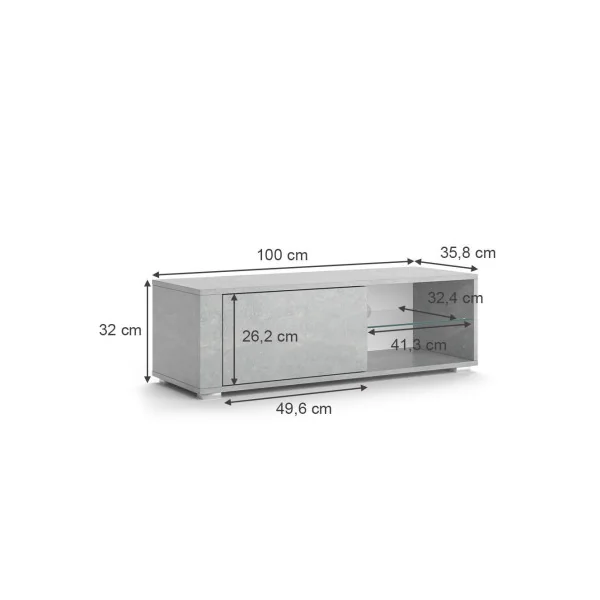 Meuble TV 100 cm béton avec étagère verre Meuble TV salon Meuble téléviseur Meuble télé tendance