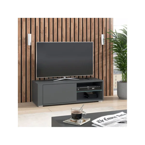 Meuble TV 100 cm gris avec étagère verre Meuble TV salon Meuble téléviseur Meuble télé tendance