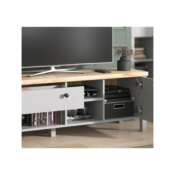 Meuble TV 147 cm chêne et gris Meuble TV salon Meuble téléviseur Meuble télé tendance 1 placard