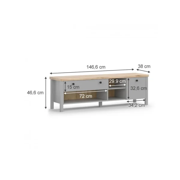 Meuble TV 147 cm chêne et gris Meuble TV salon Meuble téléviseur Meuble télé tendance 1 placard