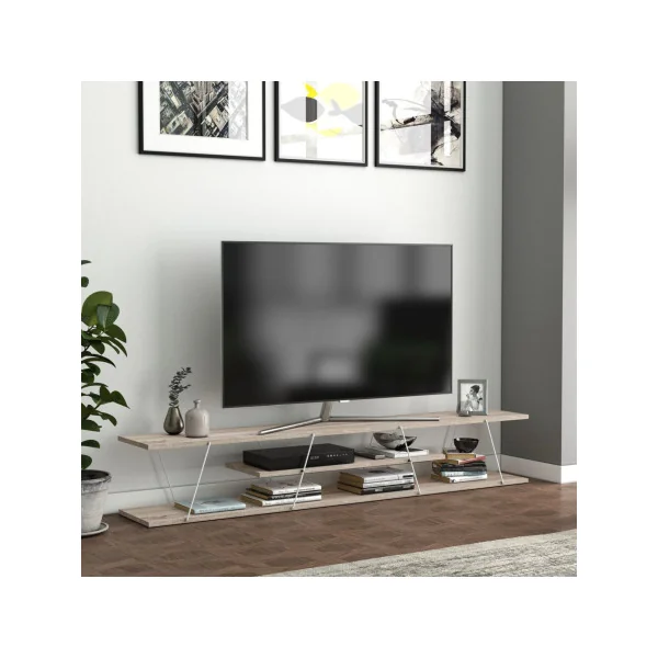 Meuble TV 180 cm épuré blanc et chêne Meuble télévision avec étagères