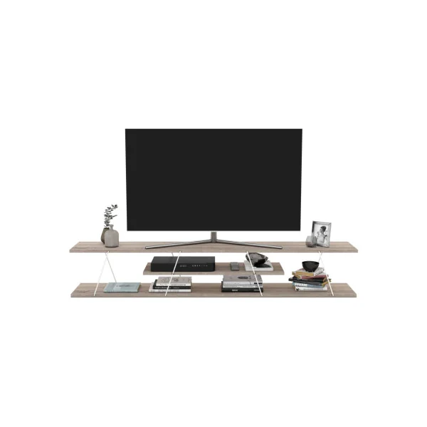 Meuble TV 180 cm épuré blanc et chêne Meuble télévision avec étagères