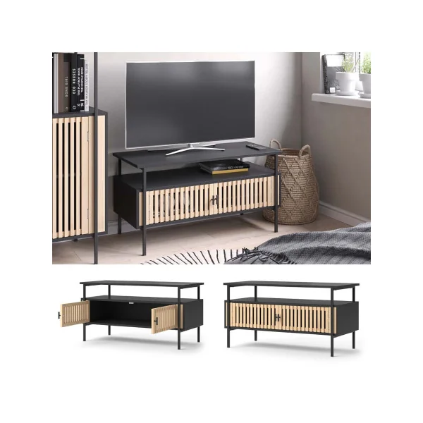 Meuble TV 88 cm Porte Bambou Meuble Télévision Spacieux