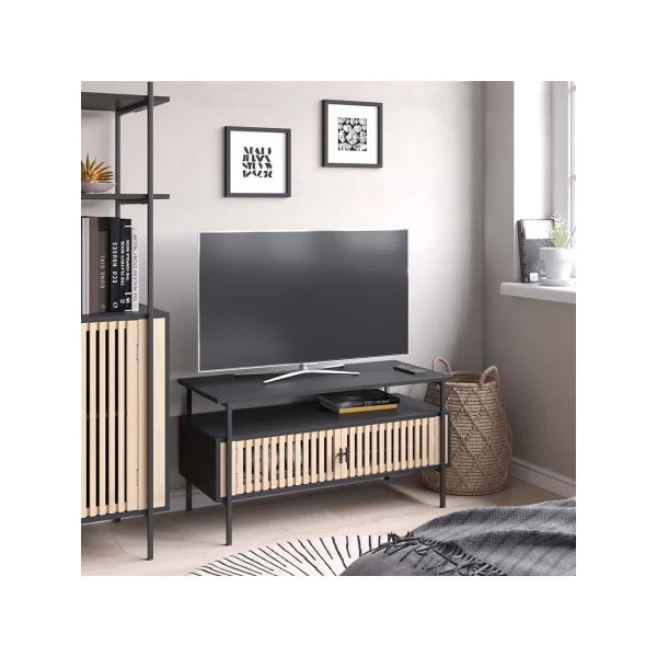 Meuble TV 88 cm Porte Bambou Meuble Télévision Spacieux
