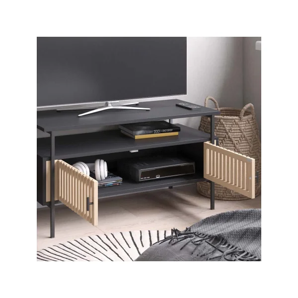Meuble TV 88 cm Porte Bambou Meuble Télévision Spacieux