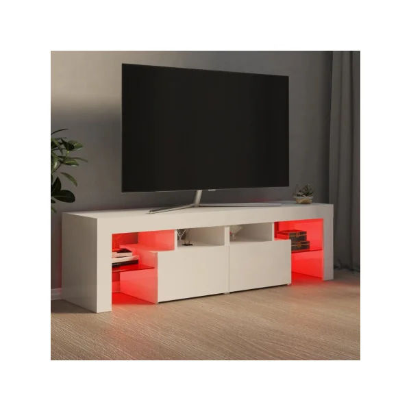 Meuble TV avec lumières LED Blanc brillant 140 cm Meuble Téléviseur avec rangement