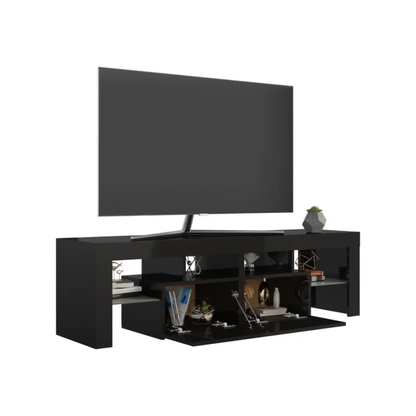 Meuble TV avec lumières LED Noir brillant 140 cm Meuble Téléviseur avec rangement
