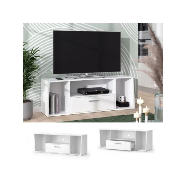 Meuble TV blanc 130 cm avec tiroir Meuble télévision moderne Banc TV Table TV