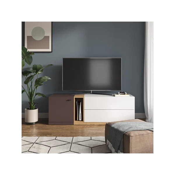 Meuble TV Blanc Brun et Chêne Meuble téléviseur 170 cm 2 Tiroirs 1 Placard