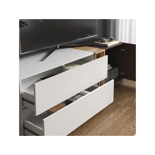Meuble TV Blanc Brun et Chêne Meuble téléviseur 170 cm 2 Tiroirs 1 Placard