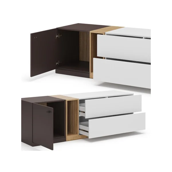 Meuble TV Blanc Brun et Chêne Meuble téléviseur 170 cm 2 Tiroirs 1 Placard