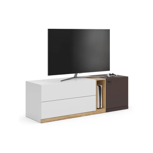 Meuble TV Blanc Brun et Chêne Meuble téléviseur 170 cm 2 Tiroirs 1 Placard