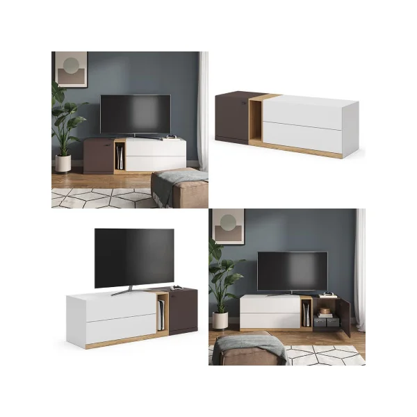Meuble TV Blanc Brun et Chêne Meuble téléviseur 170 cm 2 Tiroirs 1 Placard