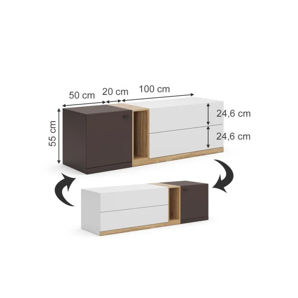 Meuble TV Blanc Brun et Chêne Meuble téléviseur 170 cm 2 Tiroirs 1 Placard