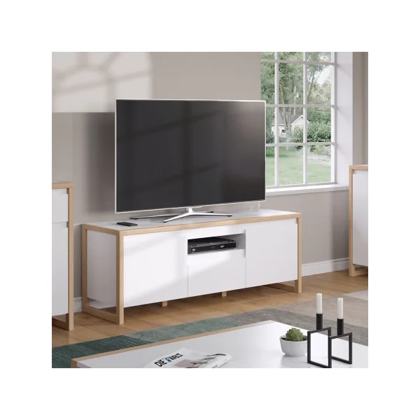 Meuble TV blanc et naturel 150 cm Meuble téléviseur avec compartiment et rangement
