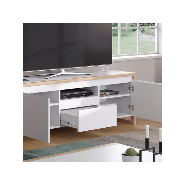 Meuble TV blanc et naturel 150 cm Meuble téléviseur avec compartiment et rangement