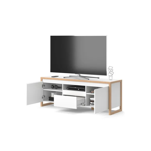 Meuble TV blanc et naturel 150 cm Meuble téléviseur avec compartiment et rangement