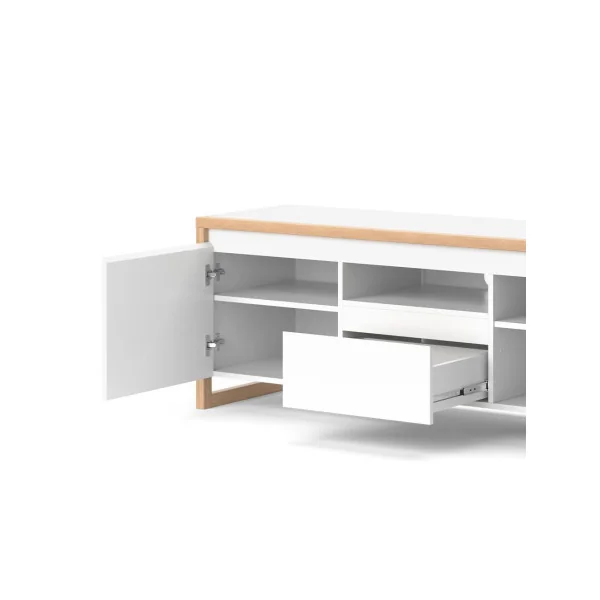 Meuble TV blanc et naturel 150 cm Meuble téléviseur avec compartiment et rangement