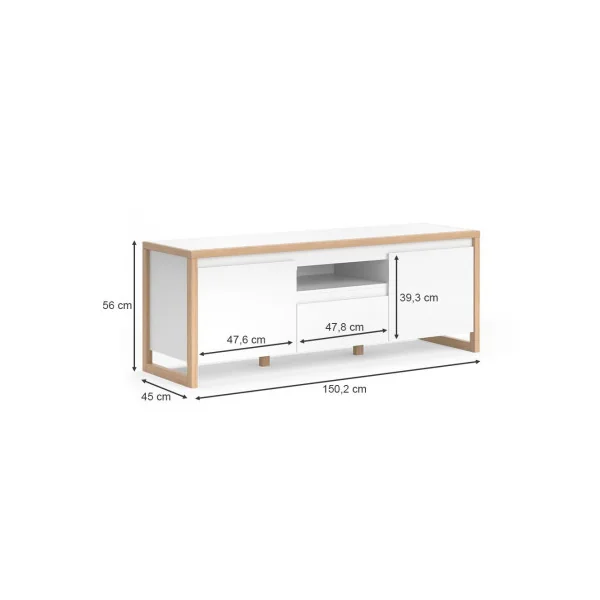 Meuble TV blanc et naturel 150 cm Meuble téléviseur avec compartiment et rangement