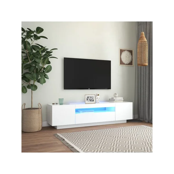 Meuble TV Blanc Moderne LED Meuble Téléviseur avec rangement