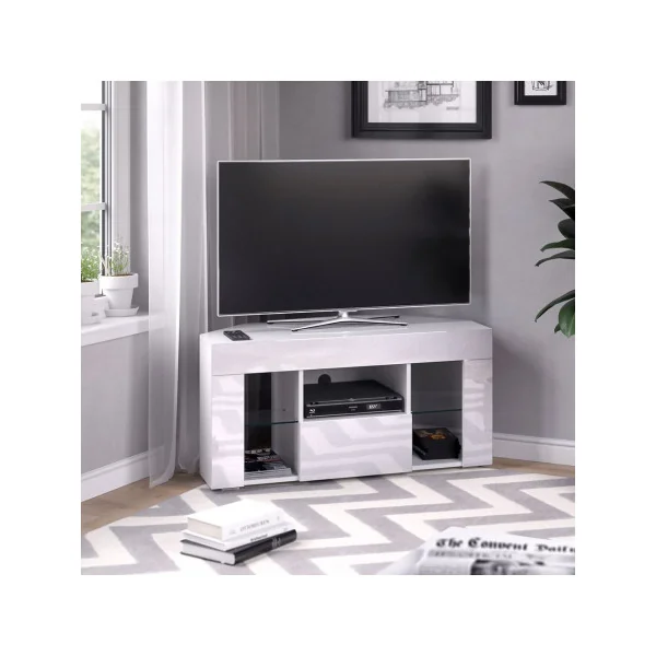 Meuble TV blanc moderne Meuble téléviseur d'angle avec compartiment et tiroir Meuble salon