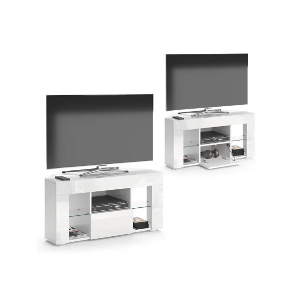 Meuble TV blanc moderne Meuble téléviseur d'angle avec compartiment et tiroir Meuble salon