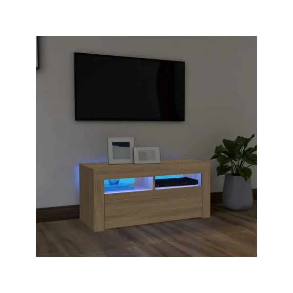 Meuble TV Chêne avec LED Meuble Télévision Moderne avec Rangement